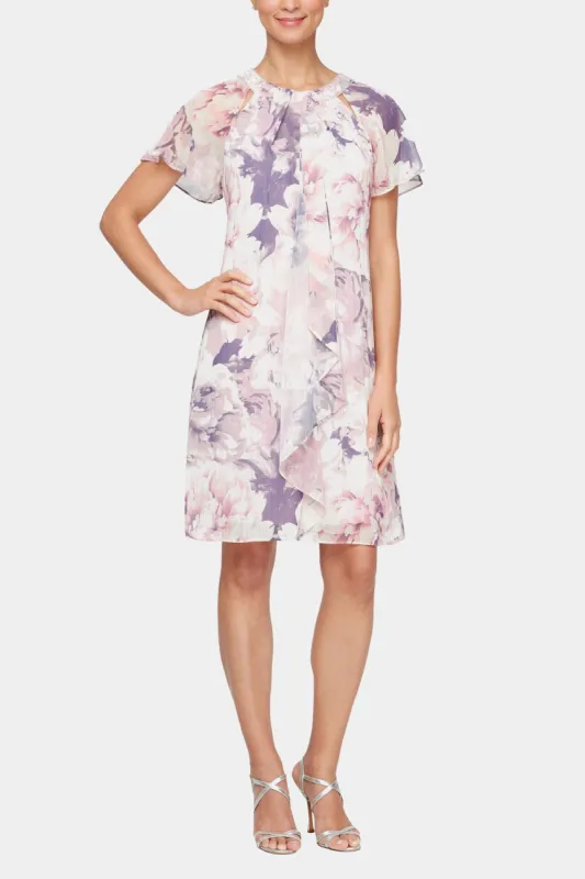 Short Printed Dress With Embellished Cutout Neckline, Front Cascade And Short Sleeves - No Lurex sold by Lord & Taylor