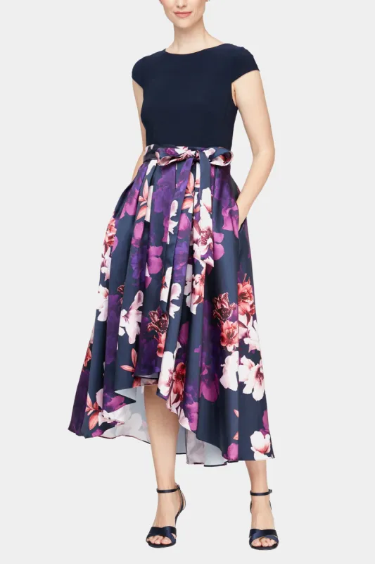 Cap Sleeve Printed Silk Skirt Party Dress With Tie Belt And High/Low Hem sold by Lord & Taylor