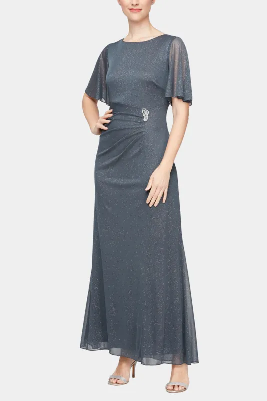 Long A-Line Dress With Embellished Ruched Waist And Flutter Sleeves sold by Lord & Taylor