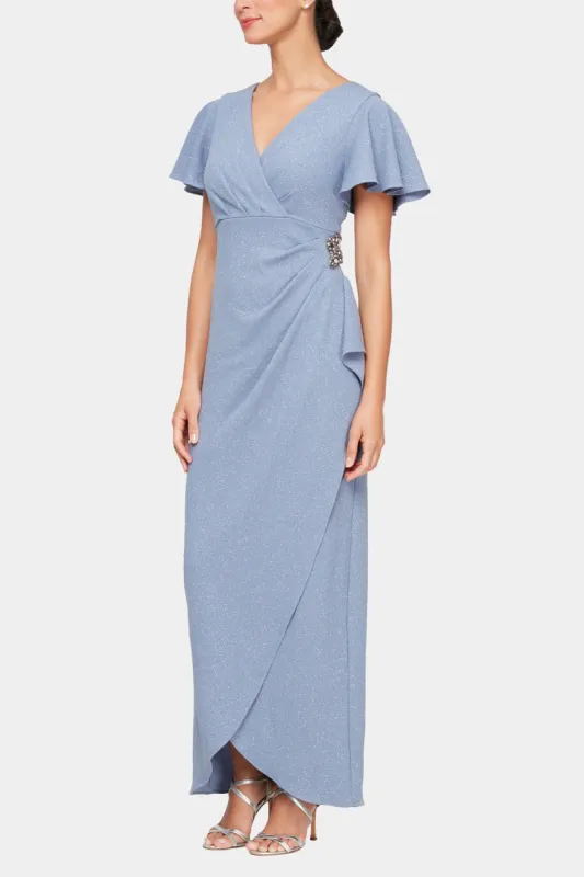 Long Empire Waist Dress With Surplice Neckline, Flutter Sleeves, Embellishment Detail At Hip And Cascade Skirt sold by Lord & Taylor