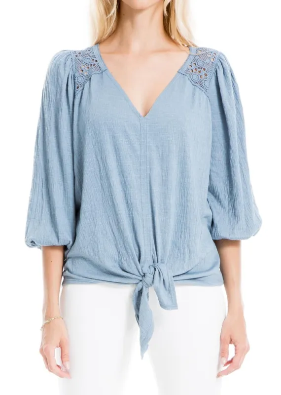 Lace Trim V Neck Knot Front Knit Top sold by Lord & Taylor