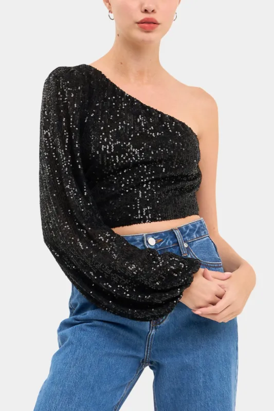 One Sleeve Asymmetrical Sequins Crop Top sold by Lord & Taylor