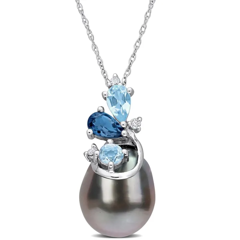 14k White Gold Cultured Pearl Blue Topaz & Diamond Accent Necklace sold by Lord & Taylor