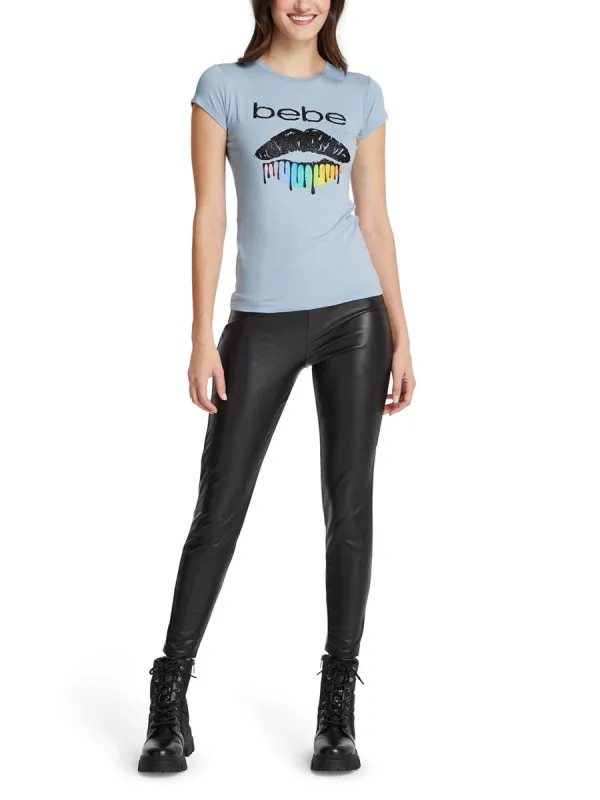 Bebe Black and Rainbow Drip Kiss Graphic Tee made by Lord & Taylor