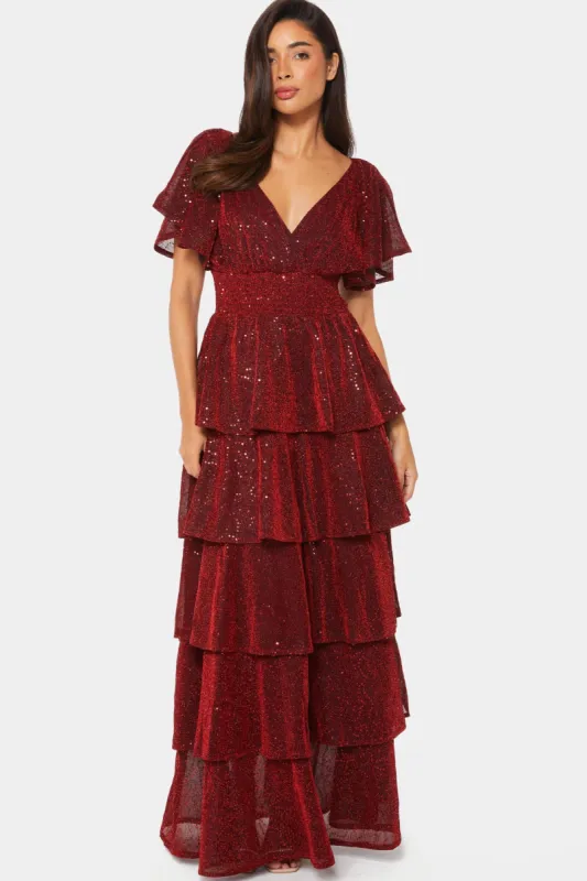 Flutter Sleeve Tiered Skirt Glitter Evening Dress sold by Lord & Taylor