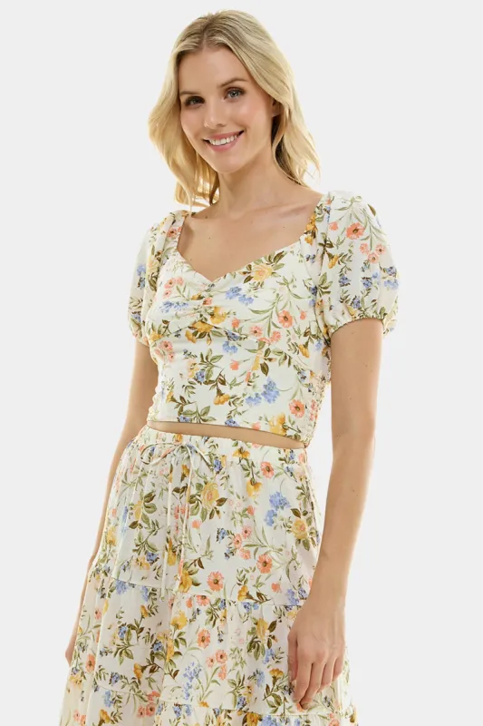 Short Sleeve Sweetheart Neck Floral Crop Top sold by Lord & Taylor