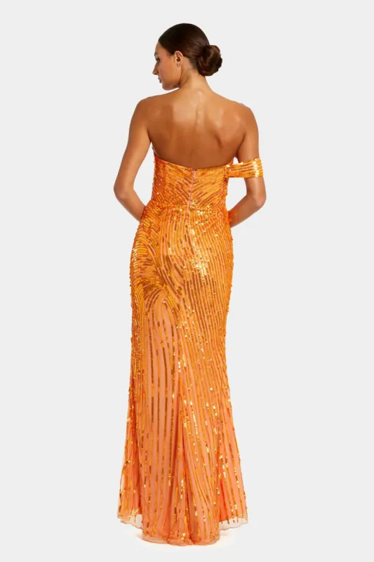 One Shoulder Mesh Sequin Slit Gown sold by Lord & Taylor