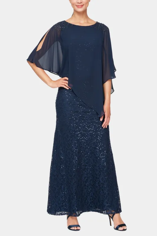 Sequin Lace Chiffon Cape Dress sold by Lord & Taylor