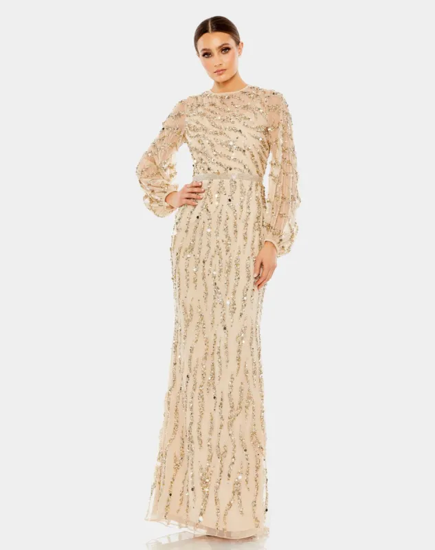 Embellished High Neck Puff Sleeve Trumpet Gown sold by Lord & Taylor