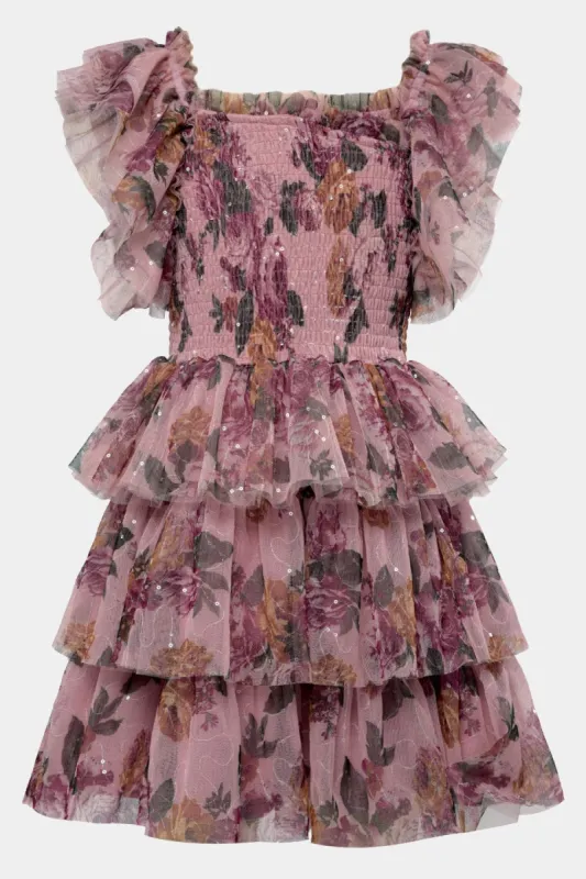 Girls Smocked Bodice Ruffle Sleeve 3-Tier Mesh Dress sold by Lord & Taylor