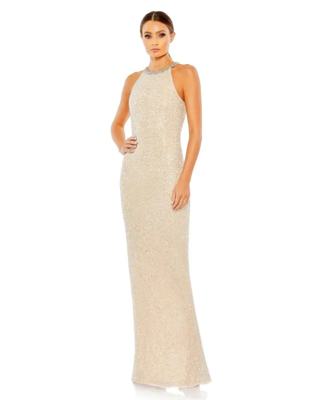 Beaded Sleeveless High Neck Column Gown sold by Lord & Taylor