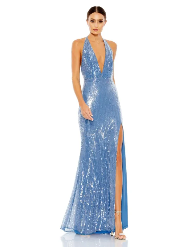 Sequined Halter Deep V Neck Gown sold by Lord & Taylor