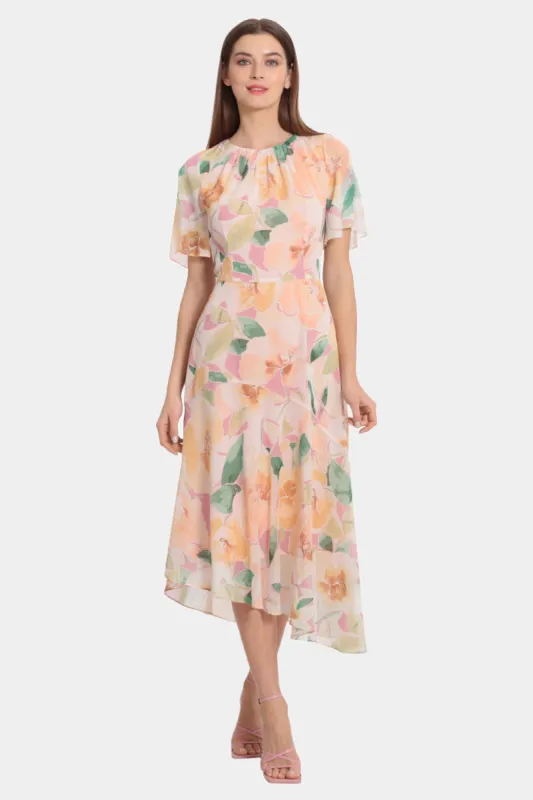 Flutter Sleeve Asymmetrical Midi Dress sold by Lord & Taylor