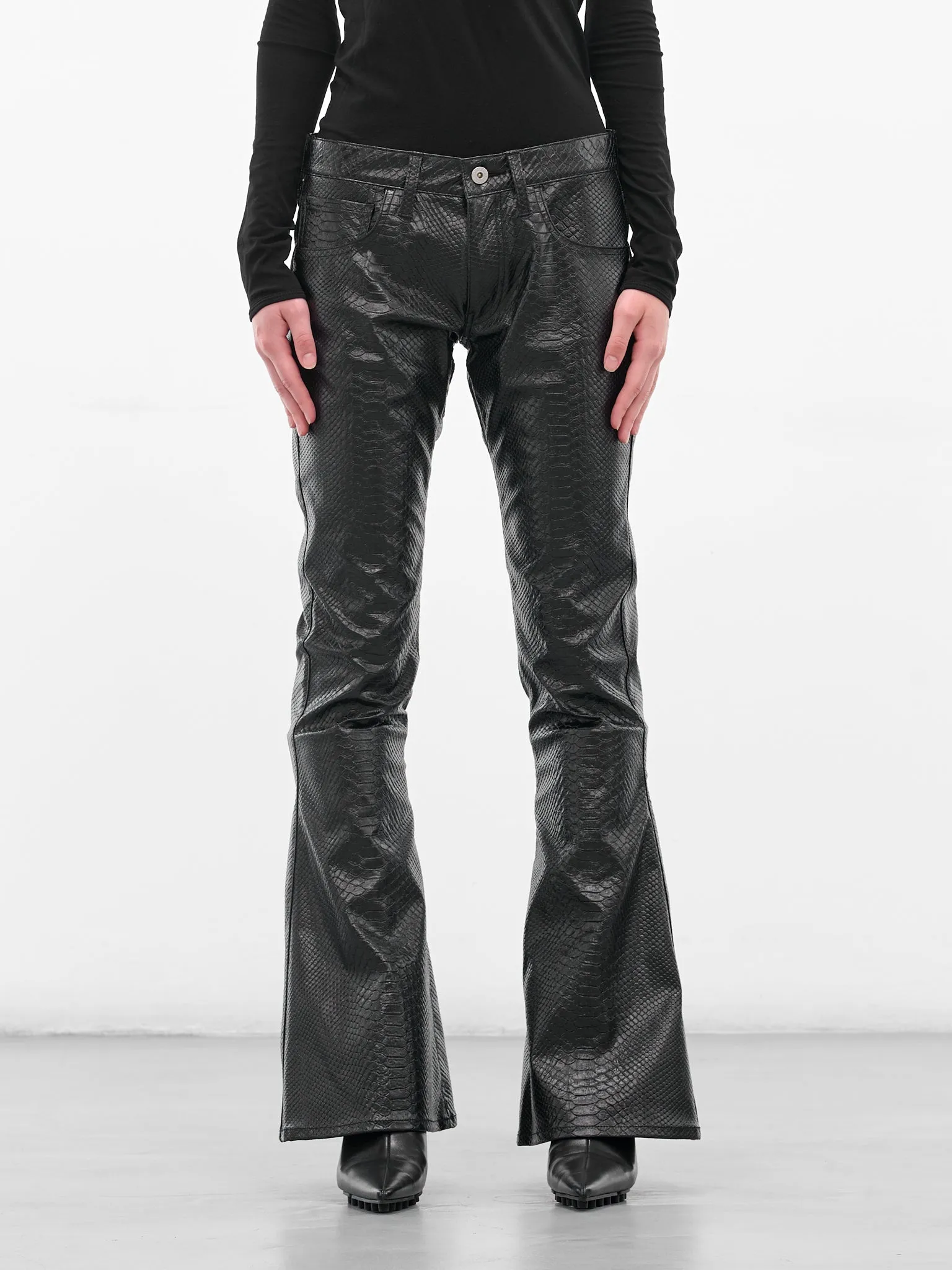 Black Snakeskin Leather Flared Trousers (JP-P004-051-1-BLACK) sold by lorenzo