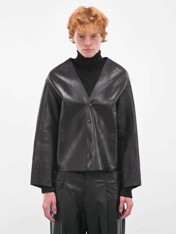 Black Minimalist Leather Boxy Jacket (ESU-W25-13025-BL-BLACK) sold by lorenzo