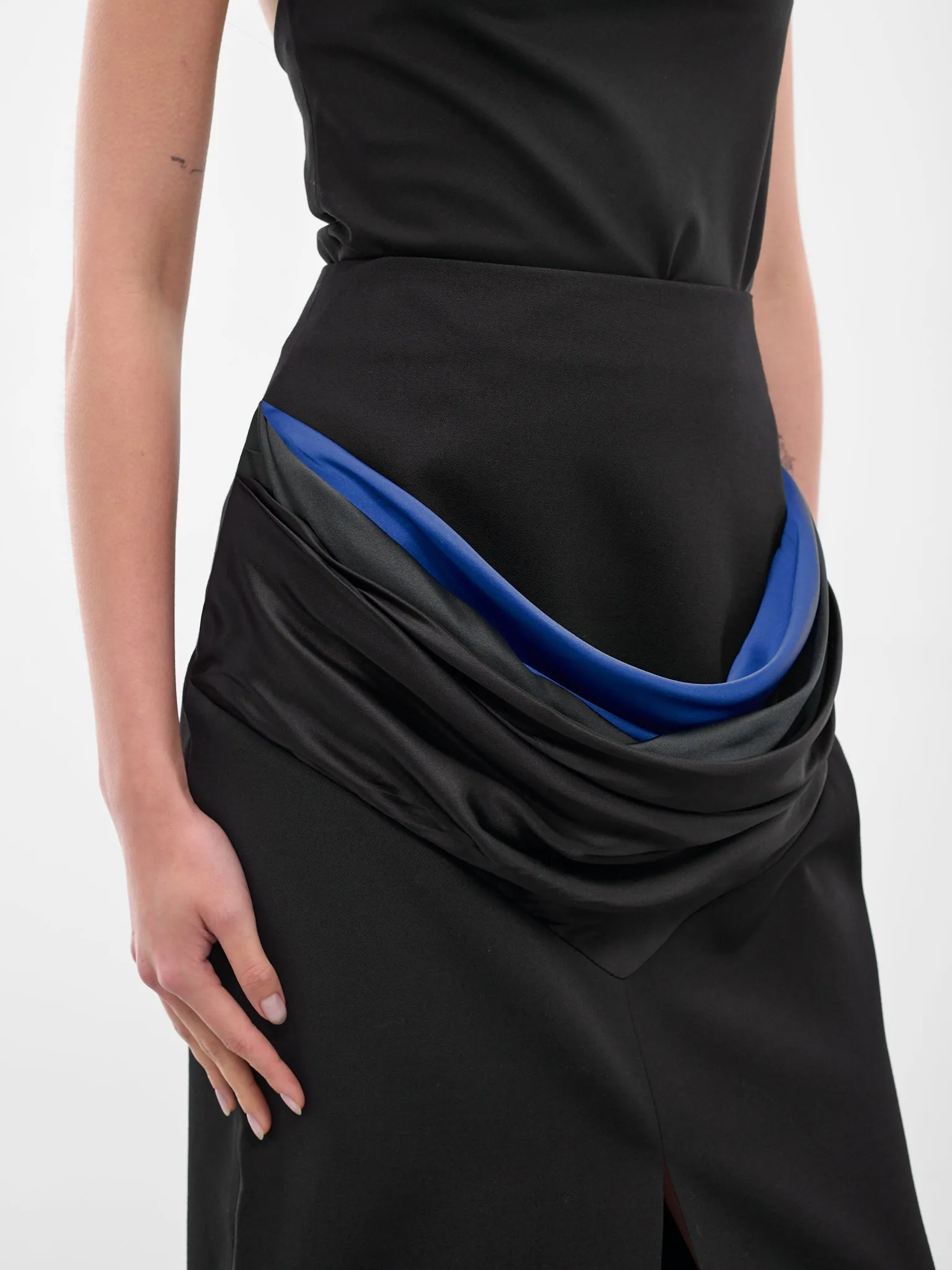 Black Satin Draped Midi Skirt (BA4FSK05-BLACK-N-BO) sold by lorenzo product image thumbnail 5