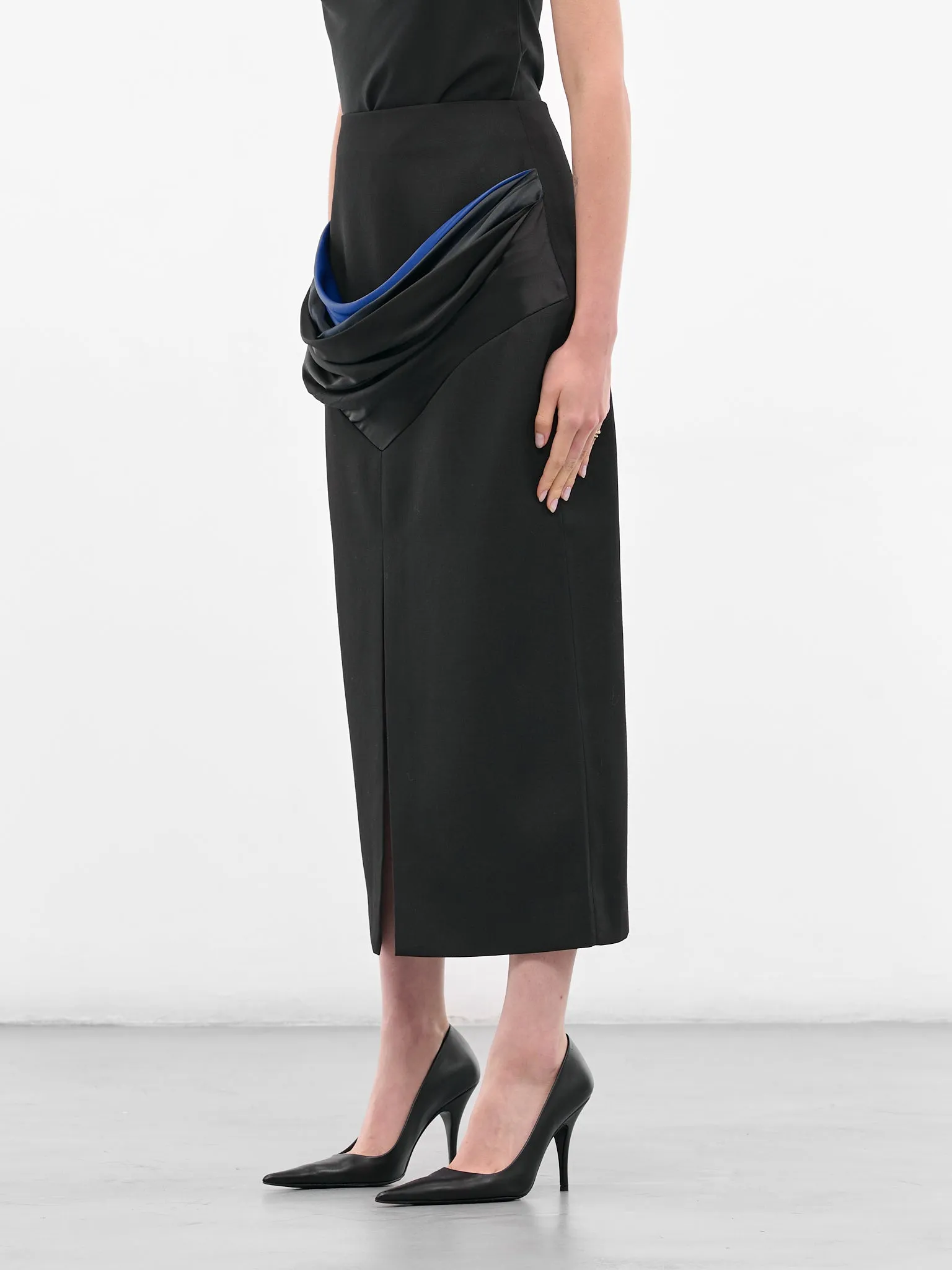 Black Satin Draped Midi Skirt (BA4FSK05-BLACK-N-BO) sold by lorenzo product image thumbnail 2