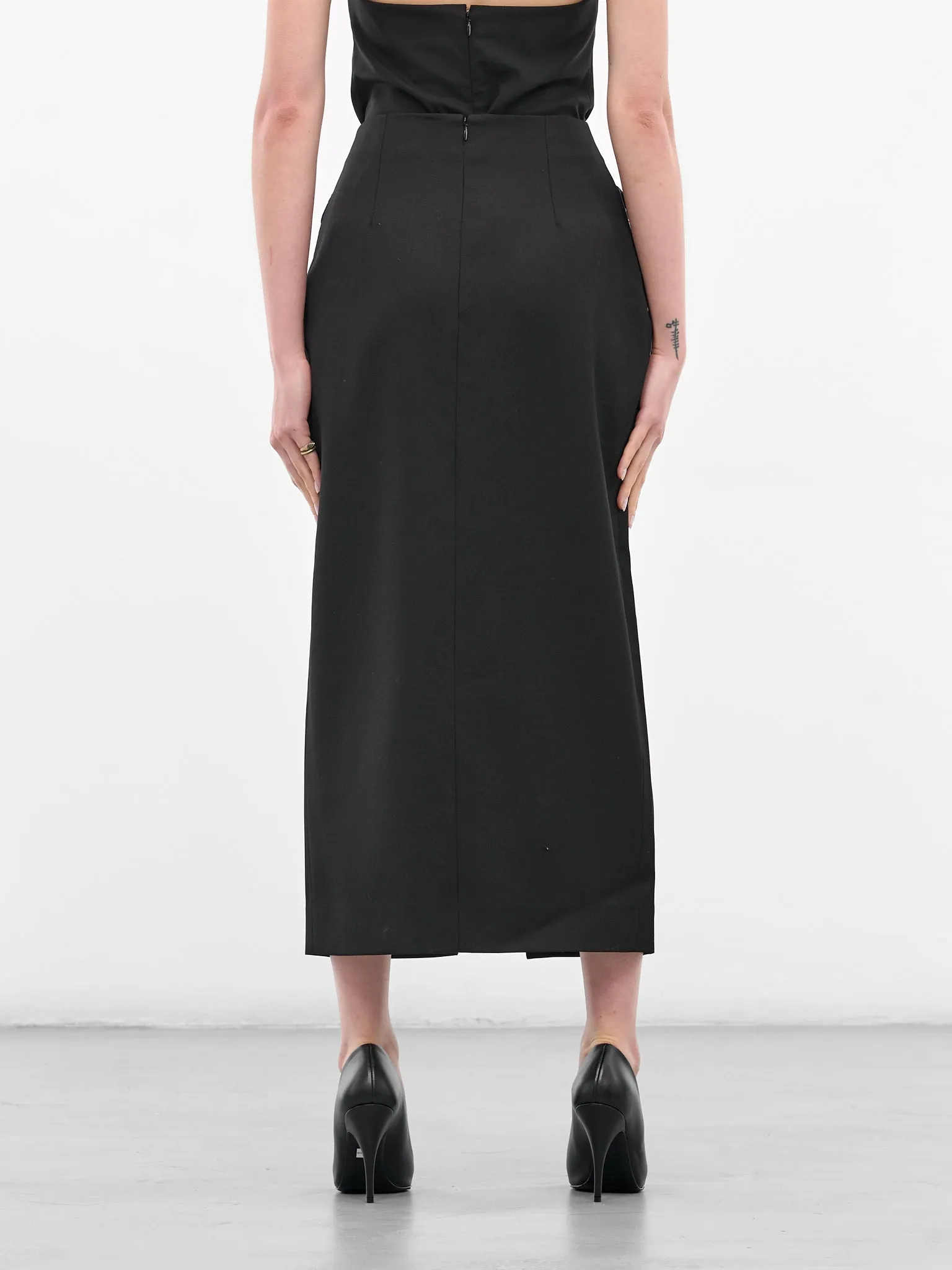 Black Satin Draped Midi Skirt (BA4FSK05-BLACK-N-BO) sold by lorenzo product image thumbnail 3