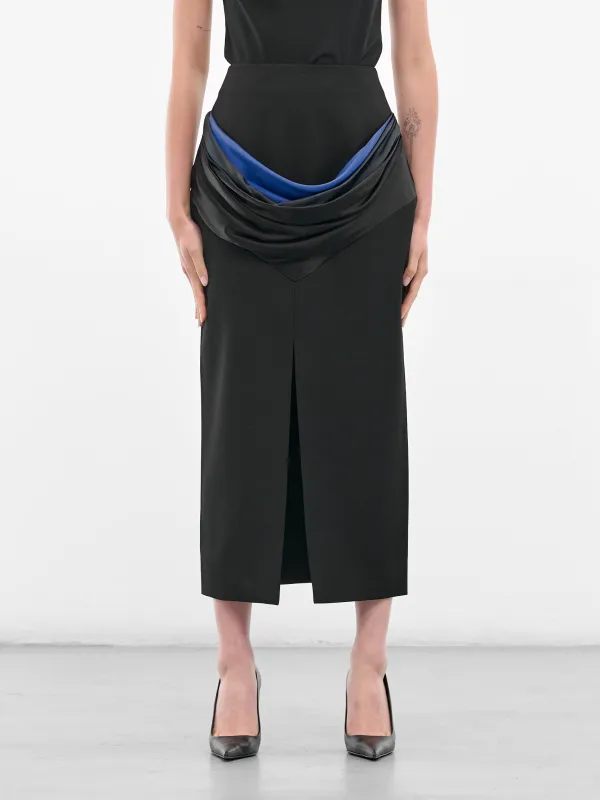 Black Satin Draped Midi Skirt (BA4FSK05-BLACK-N-BO) sold by lorenzo