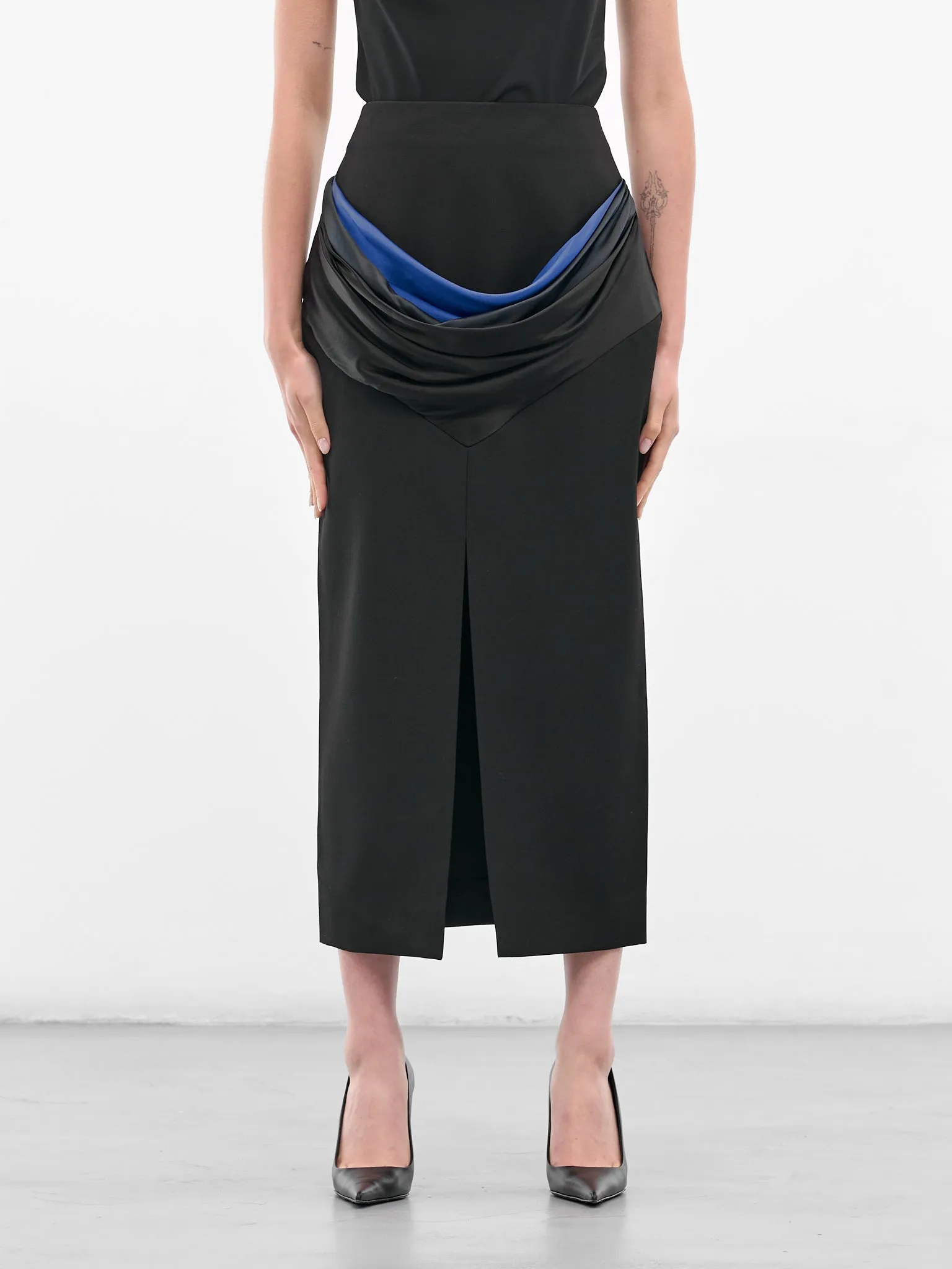 Black Satin Draped Midi Skirt (BA4FSK05-BLACK-N-BO) sold by lorenzo