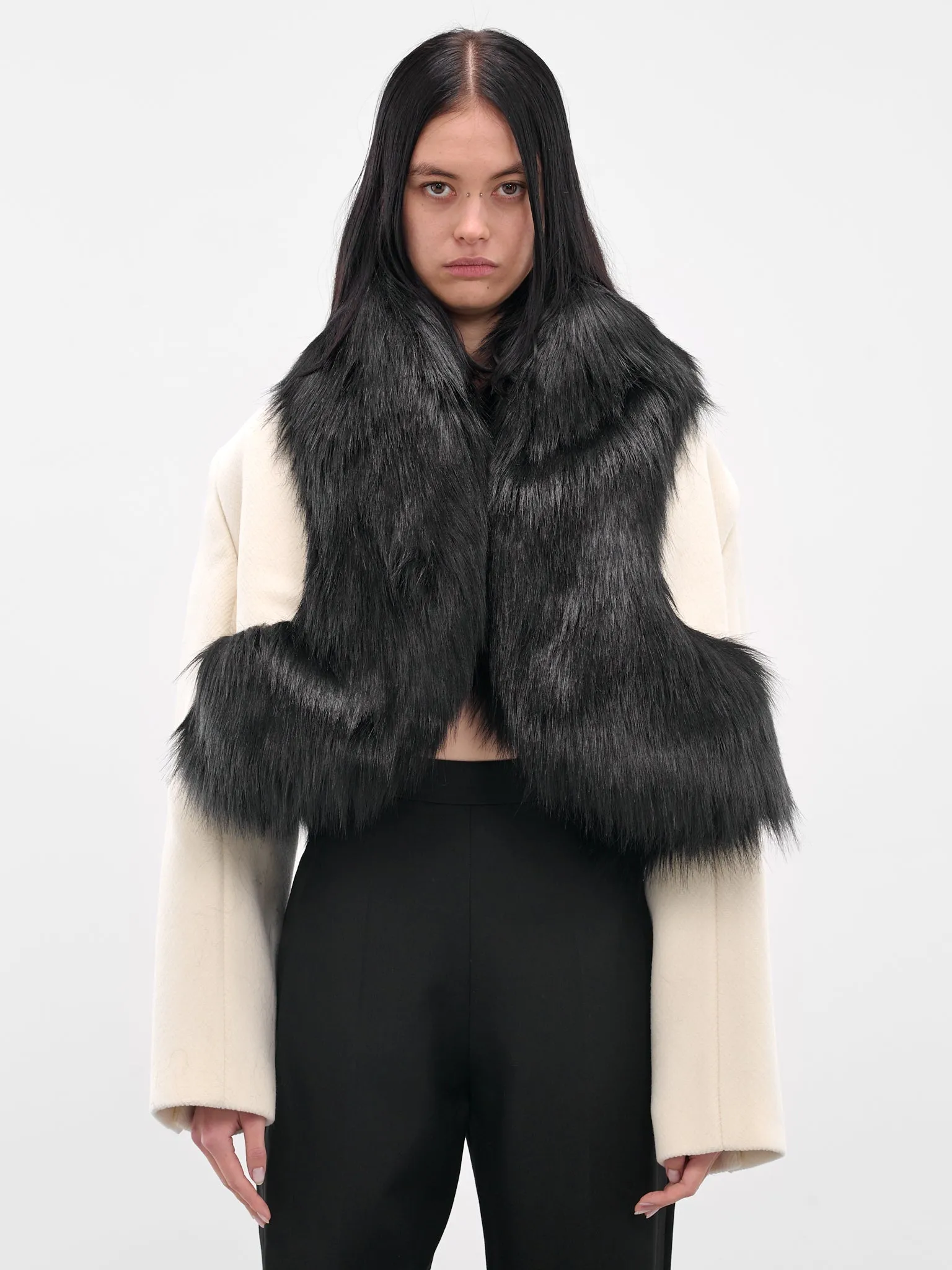 Vegan Fur Trim Cropped Coat (BA4FC01-WHITE-BLACK) sold by lorenzo