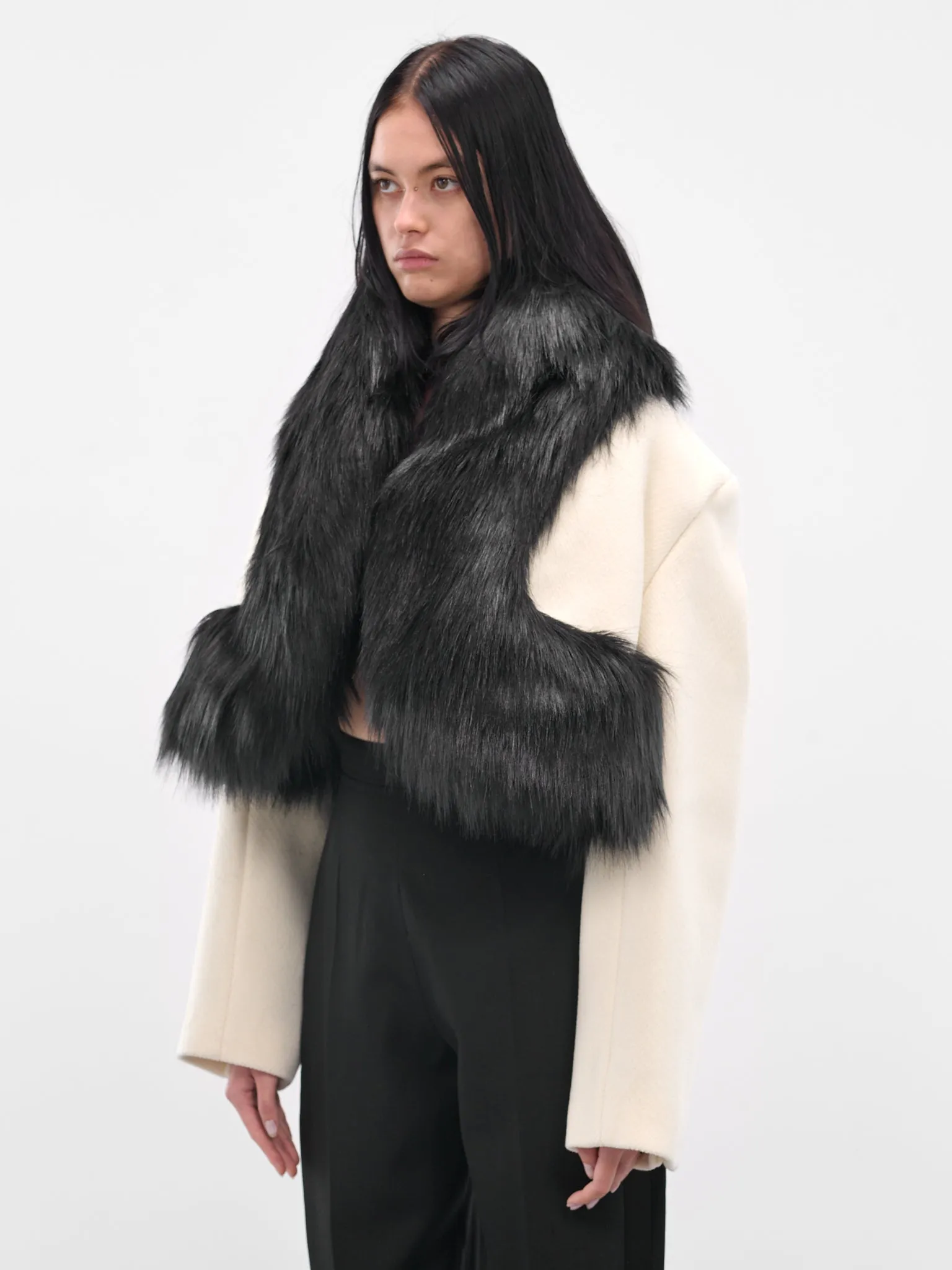 Vegan Fur Trim Cropped Coat (BA4FC01-WHITE-BLACK) sold by lorenzo product image thumbnail 2