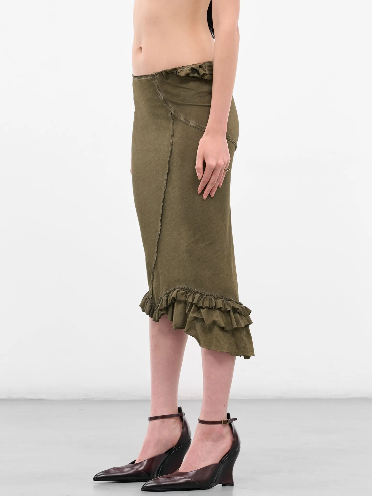 Olive Asymmetric Ruffle Midi Skirt (IOFW25SK04B-2-DARK-OLIVE) sold by lorenzo product image thumbnail 2