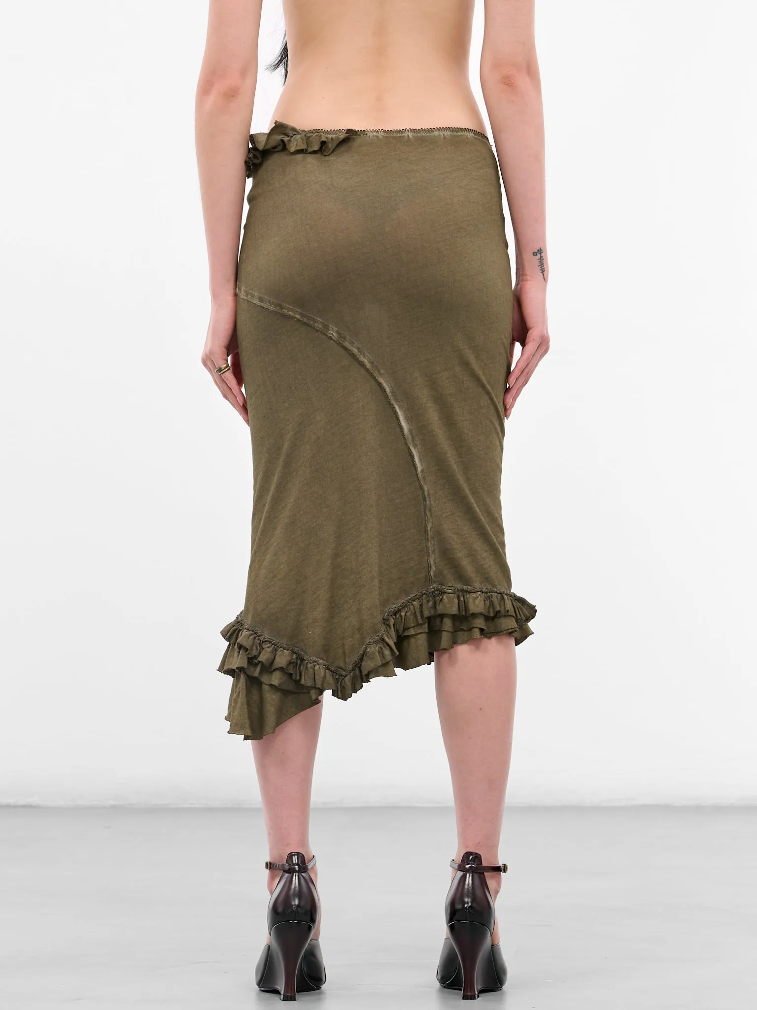 Olive Asymmetric Ruffle Midi Skirt (IOFW25SK04B-2-DARK-OLIVE) sold by lorenzo product image thumbnail 3