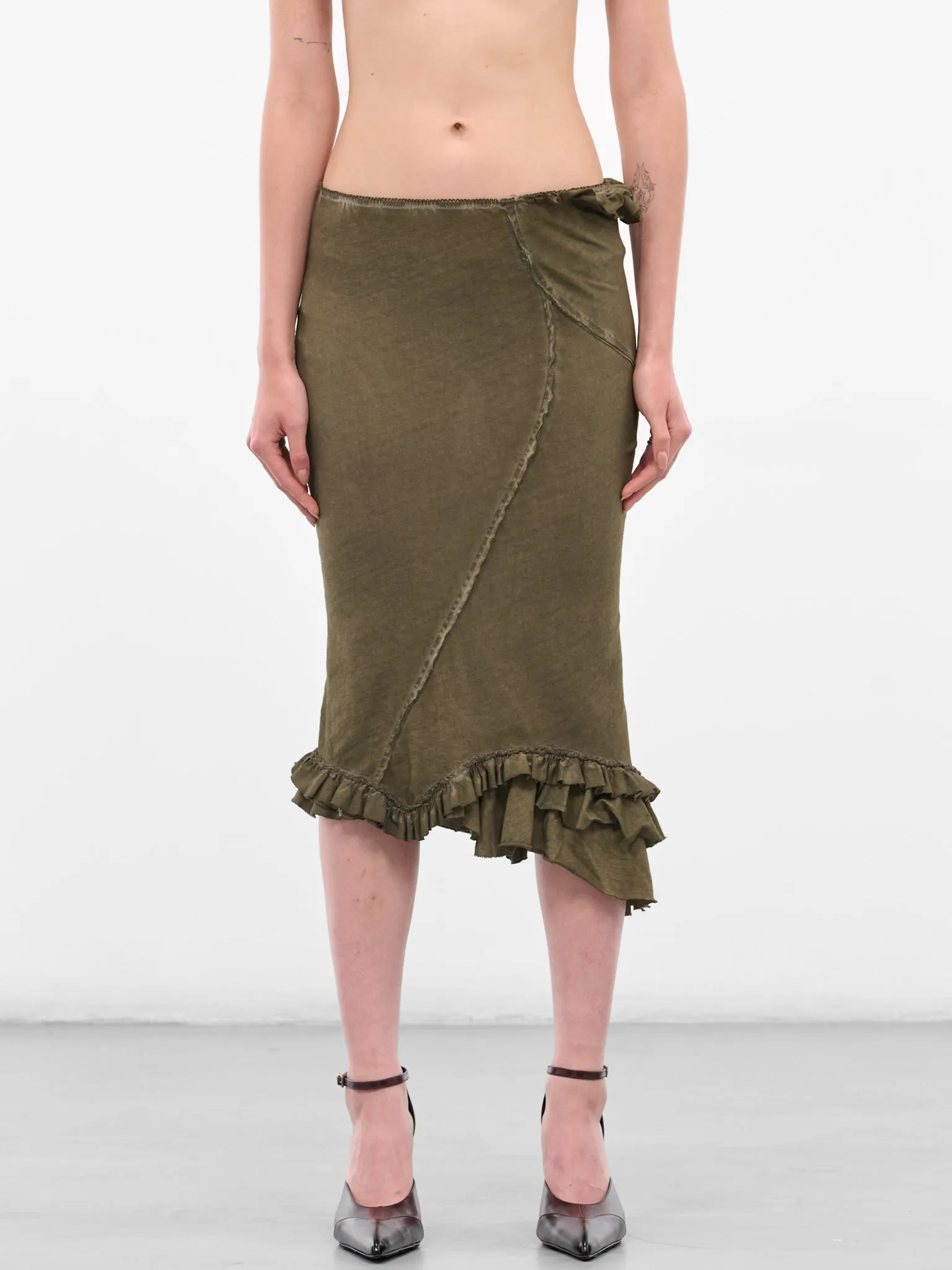 Olive Asymmetric Ruffle Midi Skirt (IOFW25SK04B-2-DARK-OLIVE) sold by lorenzo
