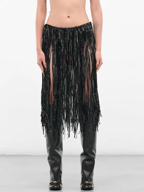 Black Sequin Fringe Midi Skirt (IOFW25SK08-BLACK) sold by lorenzo