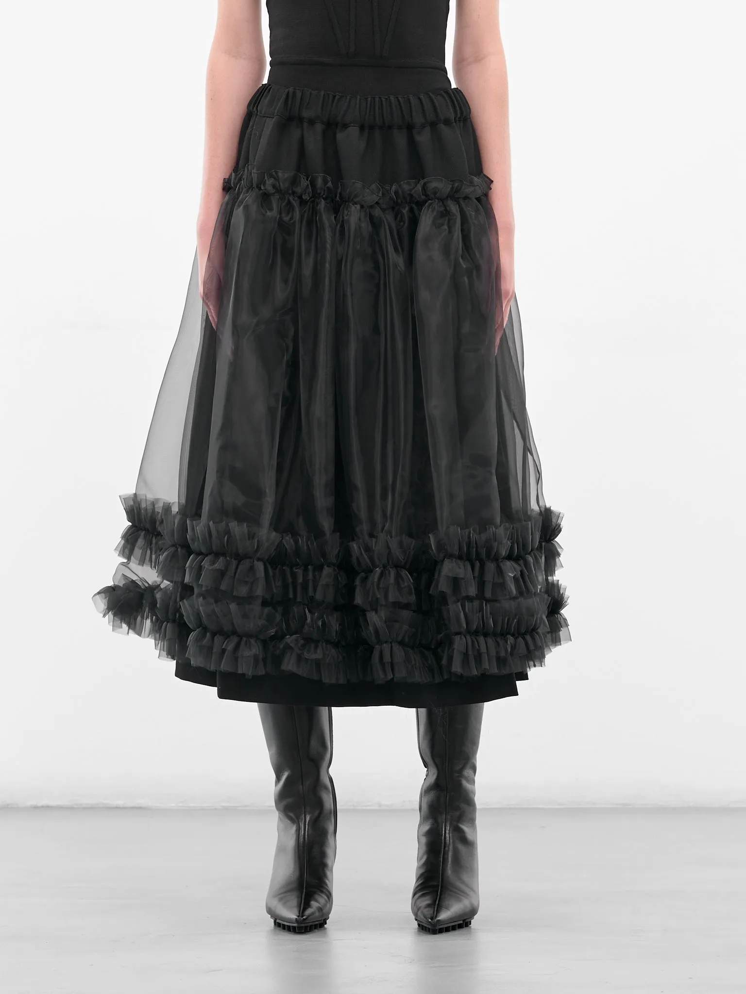 Black Layered Ruffle Midi Skirt (3P-S001-051-1-BLACK) sold by lorenzo