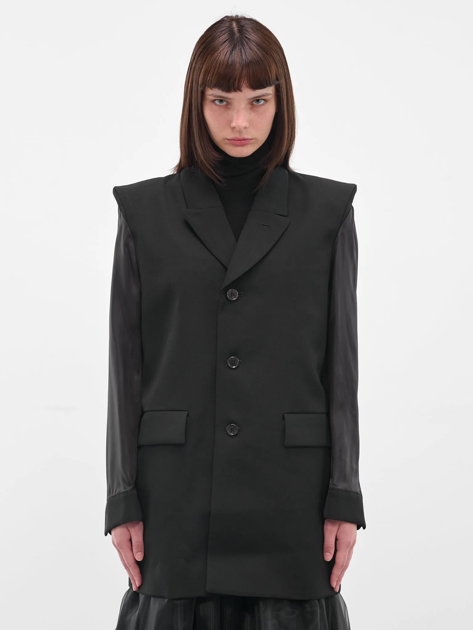 Black Wool Contrast Sleeves Blazer (3P-J007-051-1-BLACK) sold by lorenzo