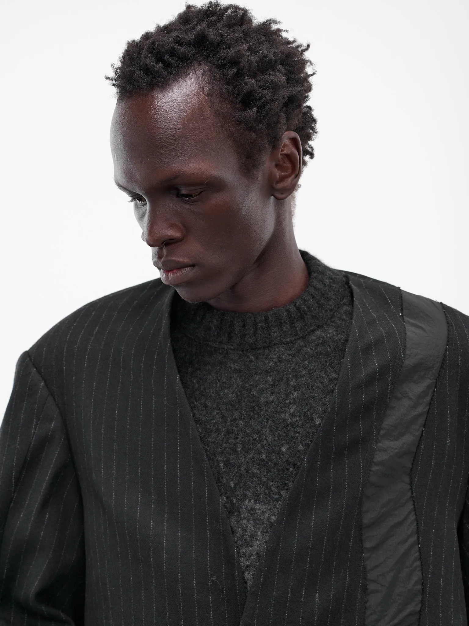 Black Pinstripe Lapelless Blazer (UW41F25-BLACK) sold by lorenzo product image thumbnail 4