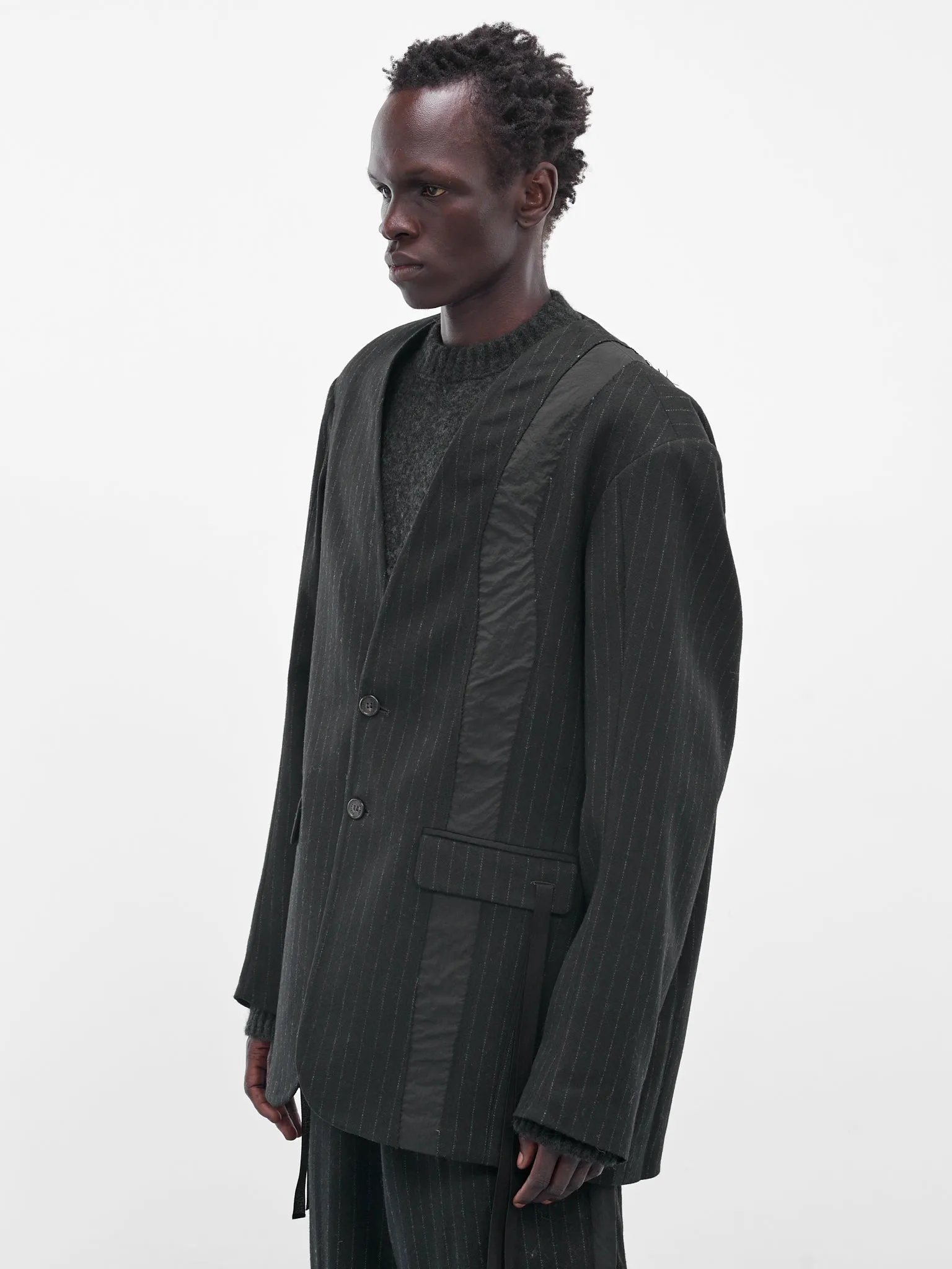 Black Pinstripe Lapelless Blazer (UW41F25-BLACK) sold by lorenzo product image thumbnail 2