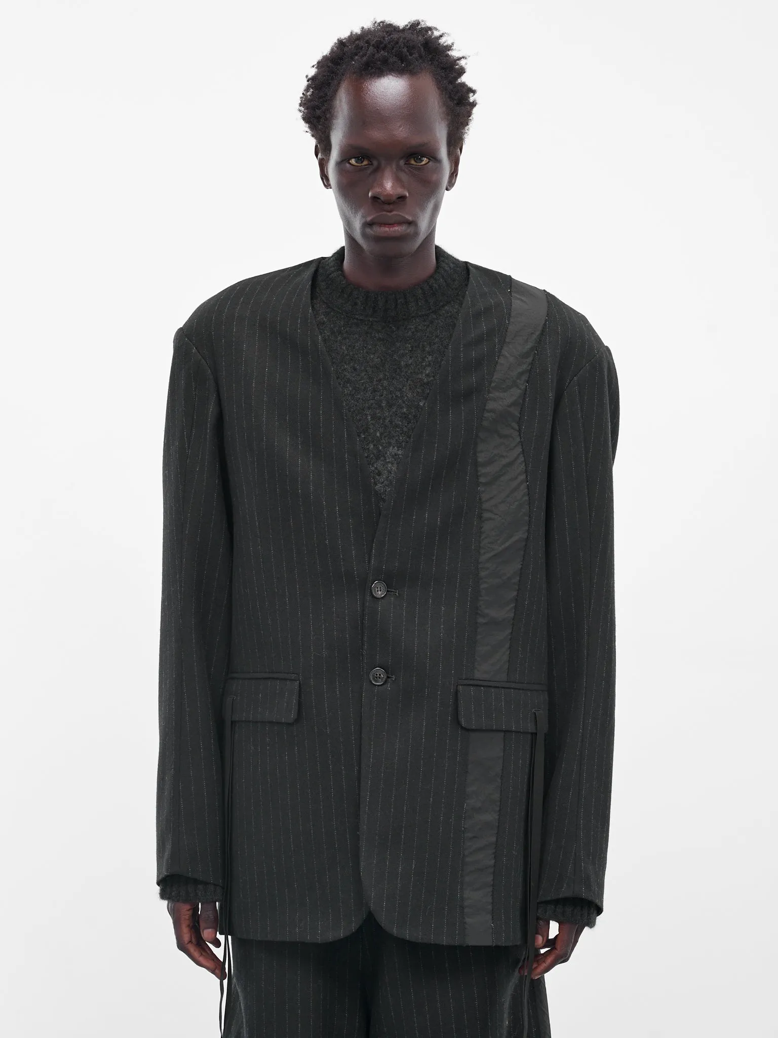 Black Pinstripe Lapelless Blazer (UW41F25-BLACK) sold by lorenzo