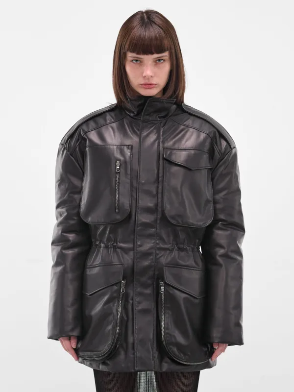 Black Leather Cargo Puffer Jacket (ND-JKT040-5000-100-BLACK) made by Nensi Dojaka