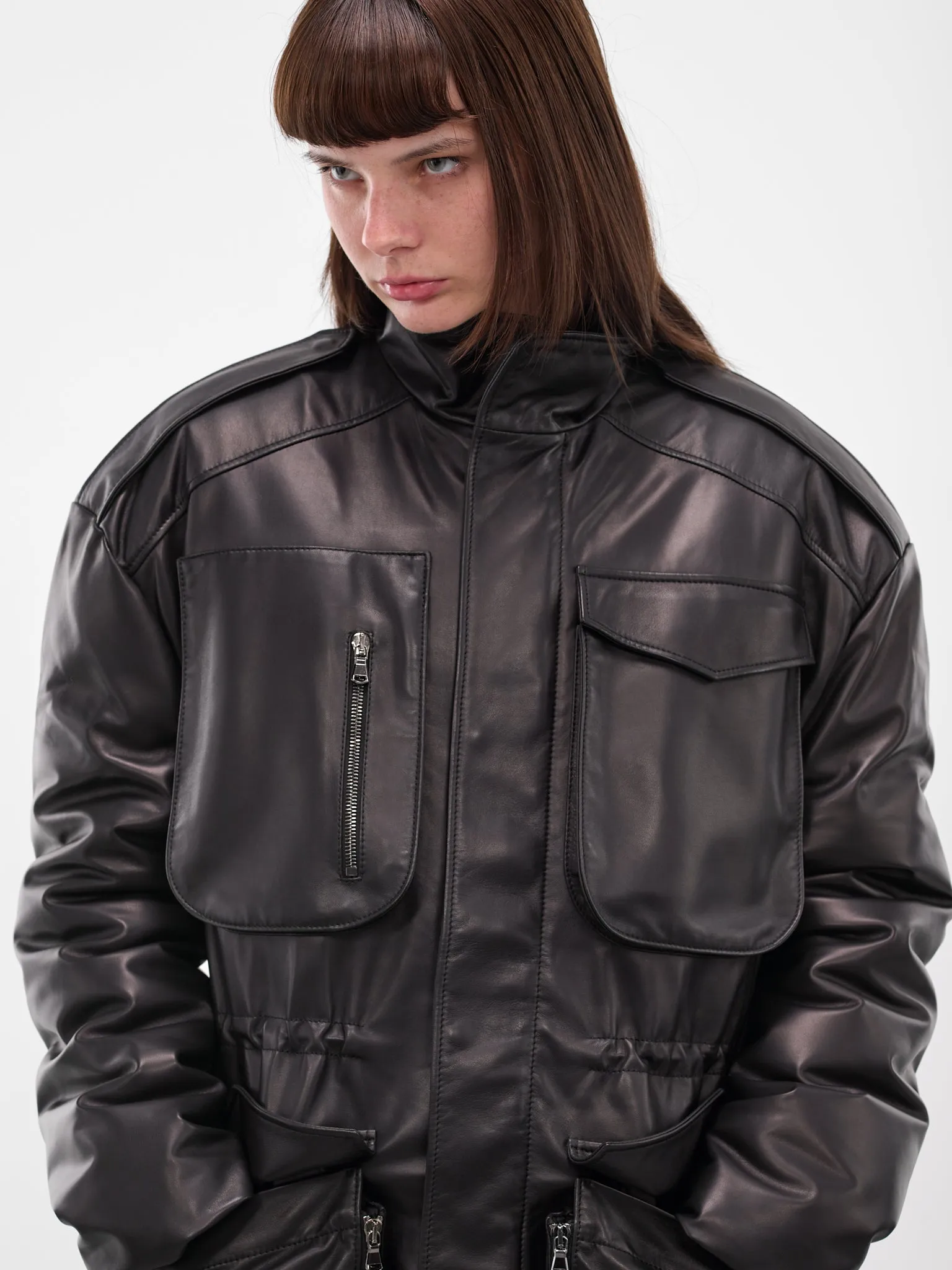 Black Leather Cargo Puffer Jacket (ND-JKT040-5000-100-BLACK) sold by lorenzo product image thumbnail 5