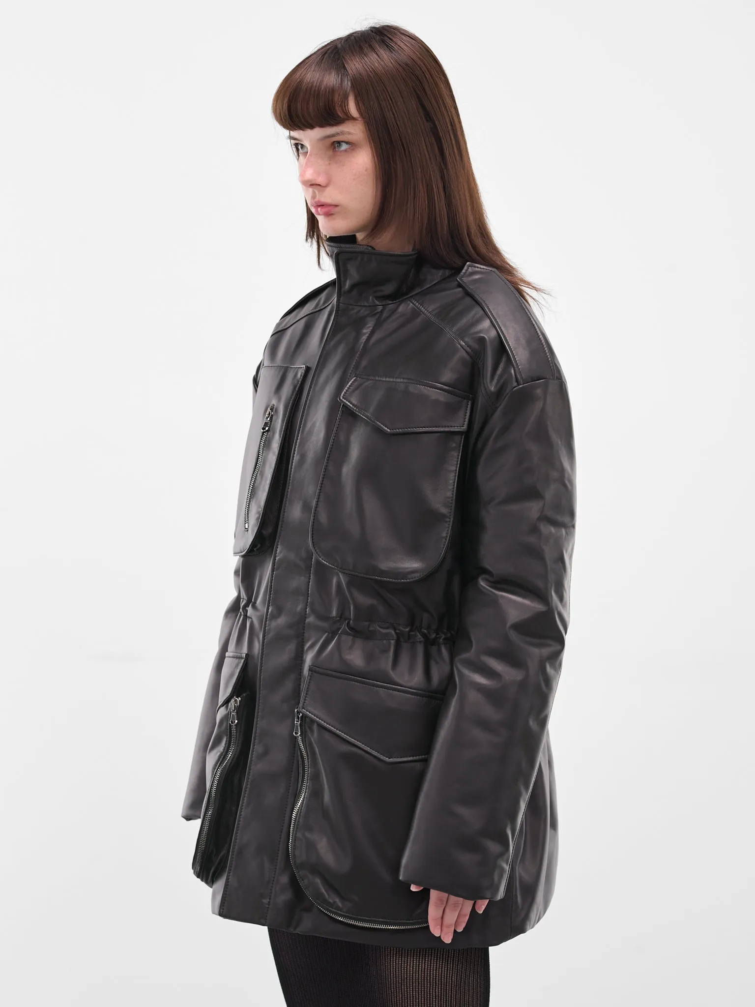 Black Leather Cargo Puffer Jacket (ND-JKT040-5000-100-BLACK) sold by lorenzo product image thumbnail 2