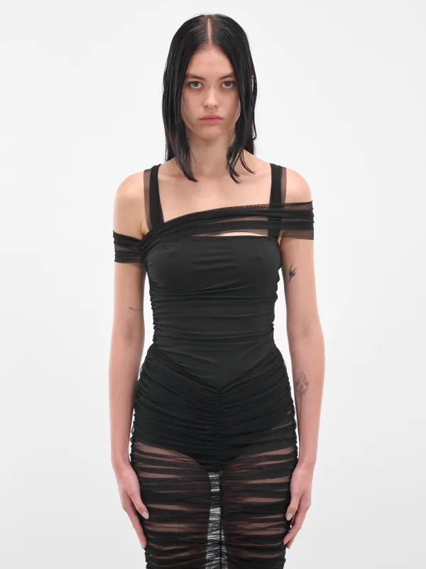 Black Draped Shoulder Ruched Bodysuit (ND-TOP097-1001-100-BLACK) sold by lorenzo