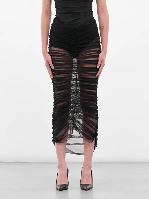 Black Sheer Ruched Midi Skirt (ND-SKT067-2000-100-BLACK) sold by lorenzo