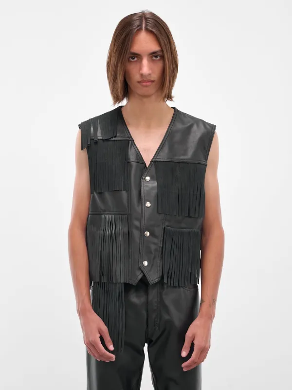 Black Fringed Leather Vest (SH2FB0020-M07005-900-BLACK) sold by lorenzo