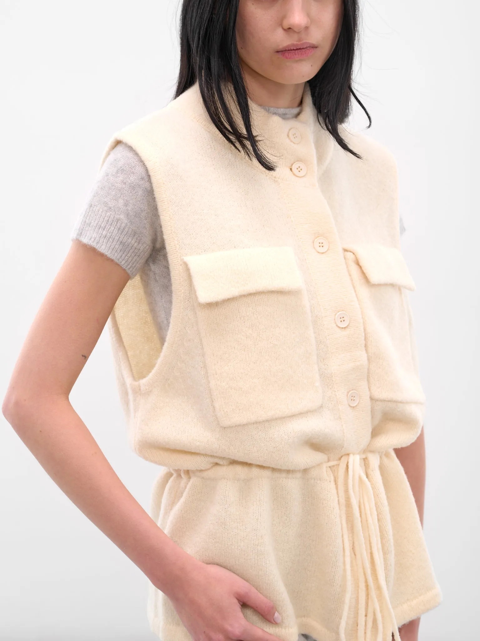 Cream Tied Buttoned Knit Vest (AMPF2577-PEACH-CREAM) sold by lorenzo product image thumbnail 4