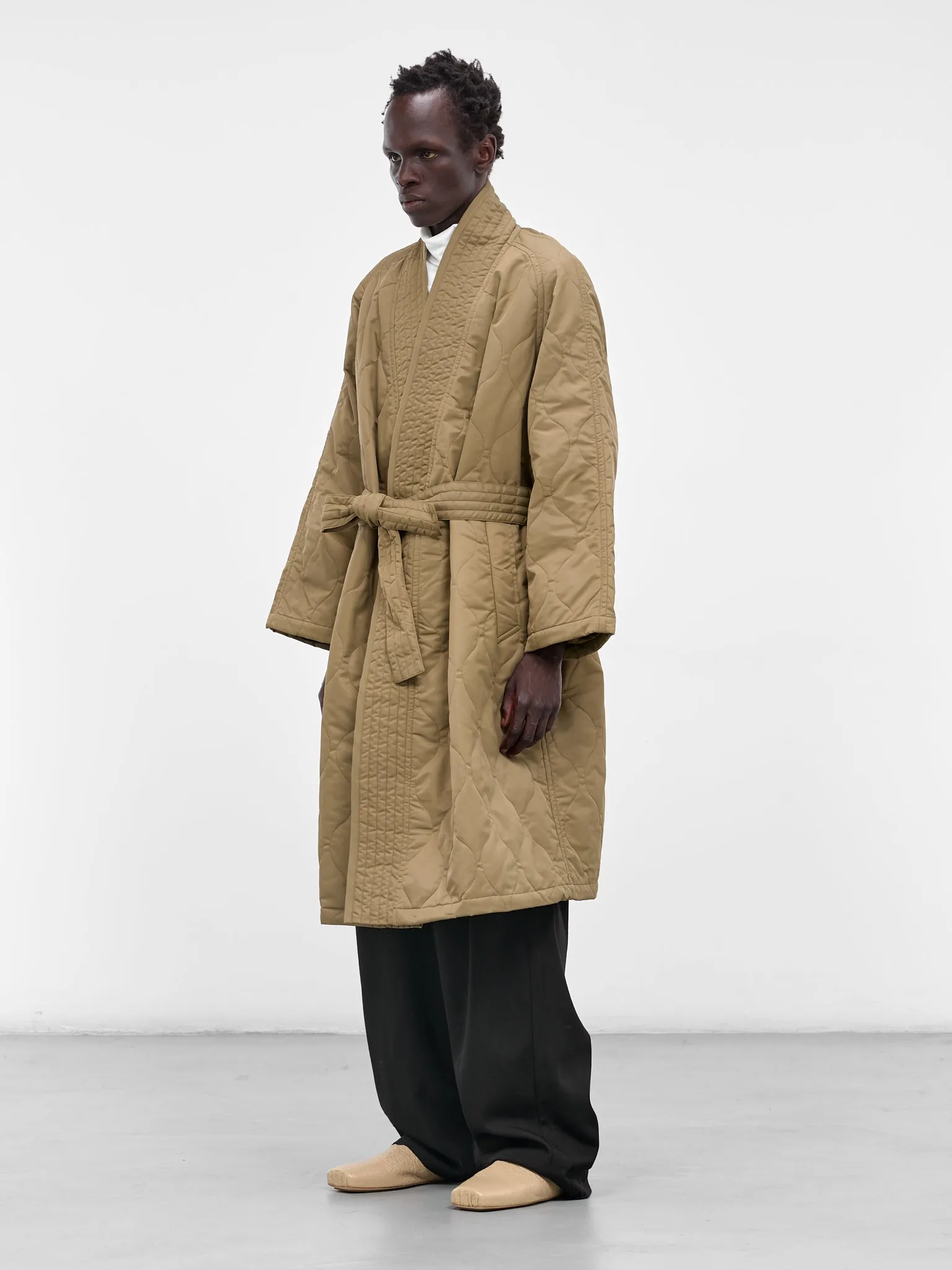 Beige Quilted Nylon Kimono Coat (RM252-027-OLIVE) sold by lorenzo product image thumbnail 2