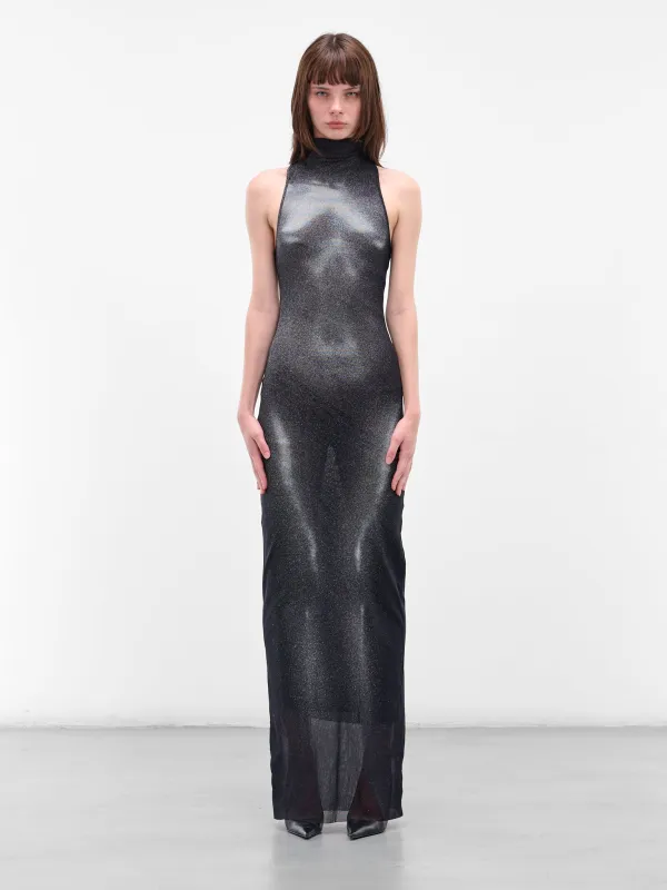 Long Silver Body Dust Dress (25-04-W-DR062-M010P-BLACK-SILV) sold by lorenzo