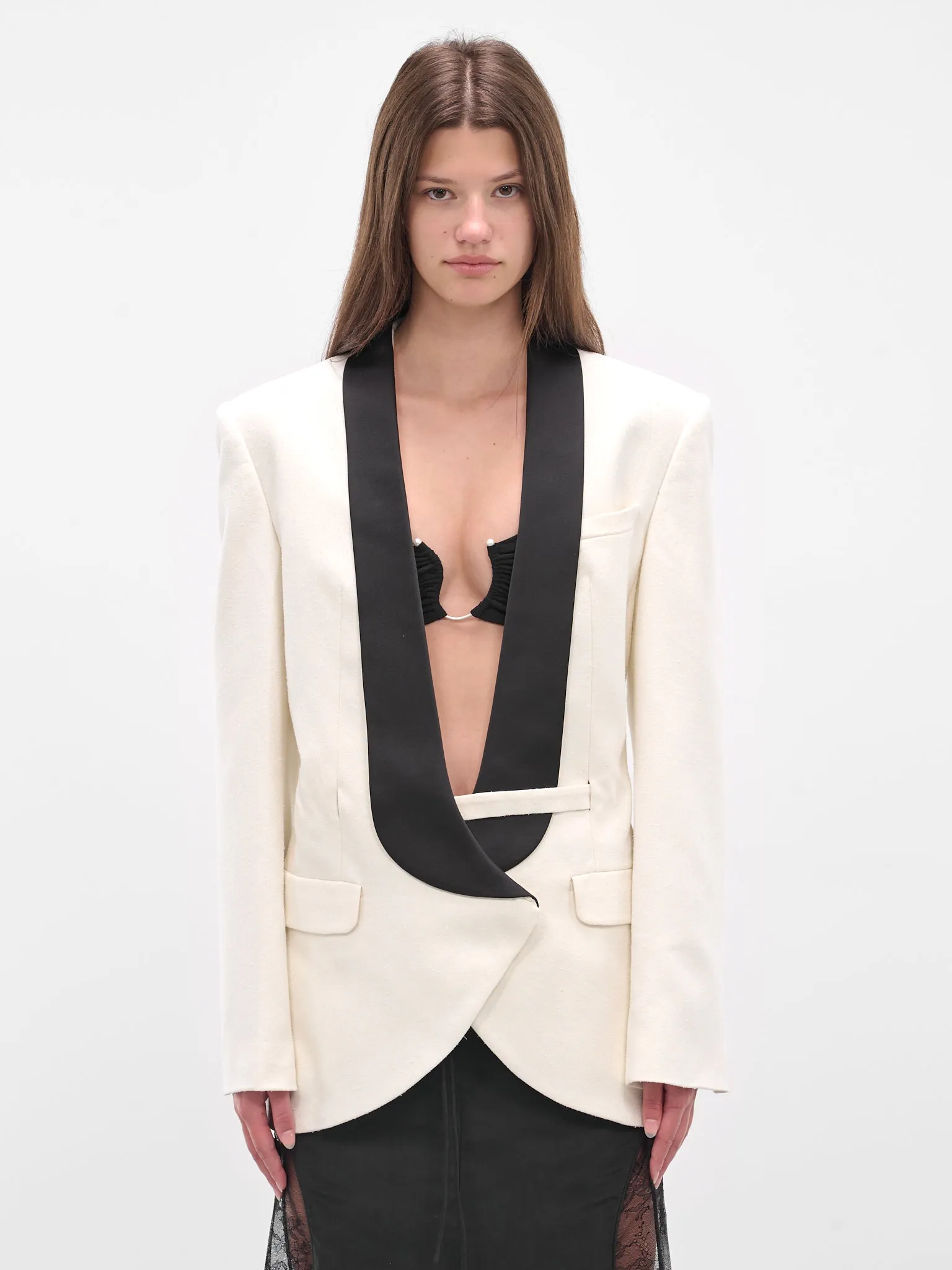 Tuxedo Contrast Silk Tailored Blazer (25026437-WHITE-BLACK) sold by lorenzo