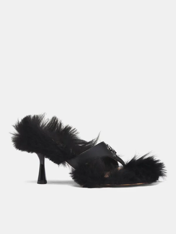 Black Lamb Fur Heeled Sandals (RR096A-BLACK) sold by lorenzo