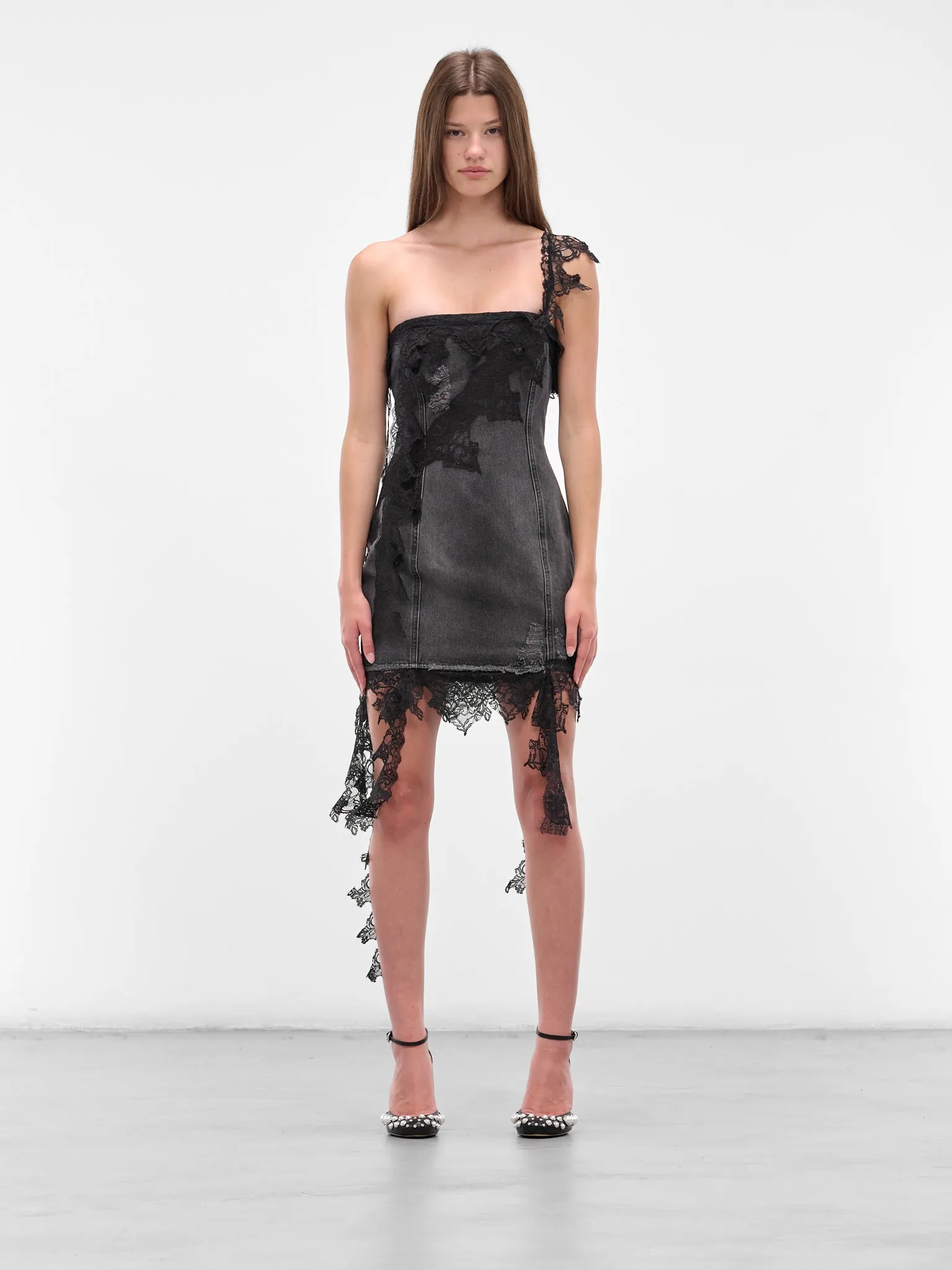 Black Denim Lace Mini Dress (JJ208A-GREY-GUNMETAL) sold by lorenzo