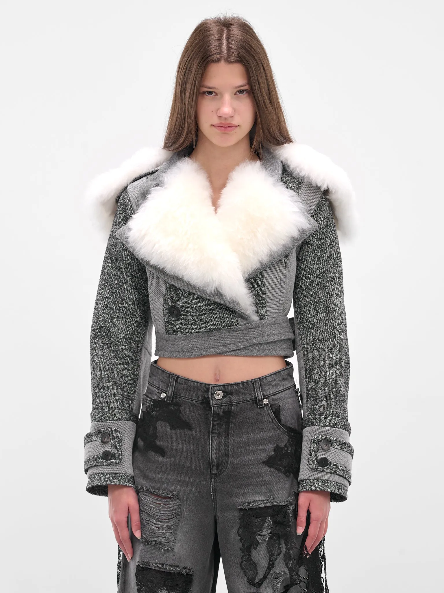Gray Cropped Goat Fur Jacket (2S095A-BUTTER-BLACK) sold by lorenzo