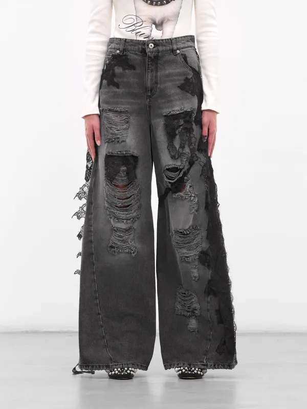 Distressed Lace Boyfriend Wide Jeans (2J220A-GREY-GUNMETAL) sold by lorenzo
