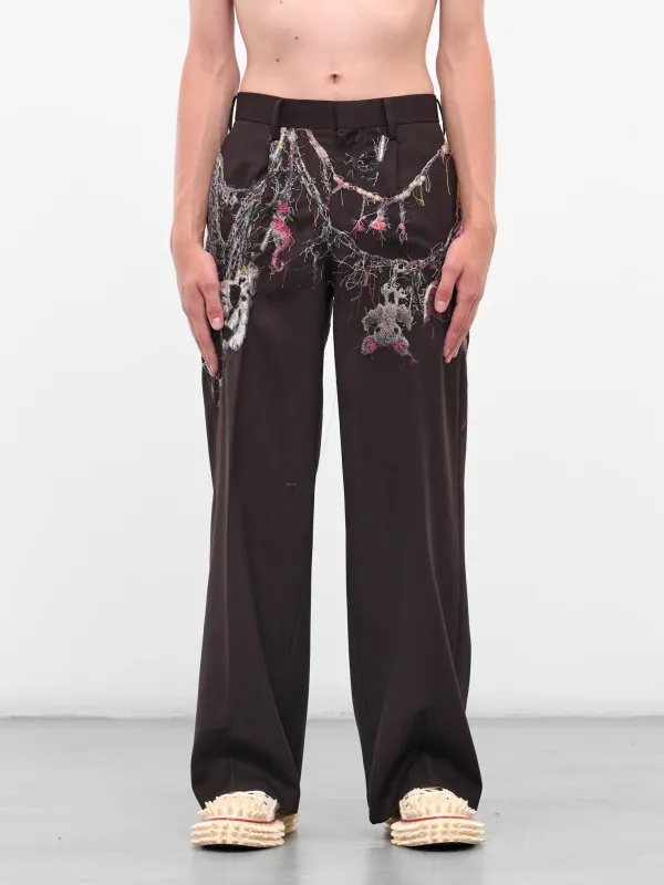 Burgundy Trompe L'oeil Jewelry Trousers (25AW16PT320-BROWN) sold by lorenzo
